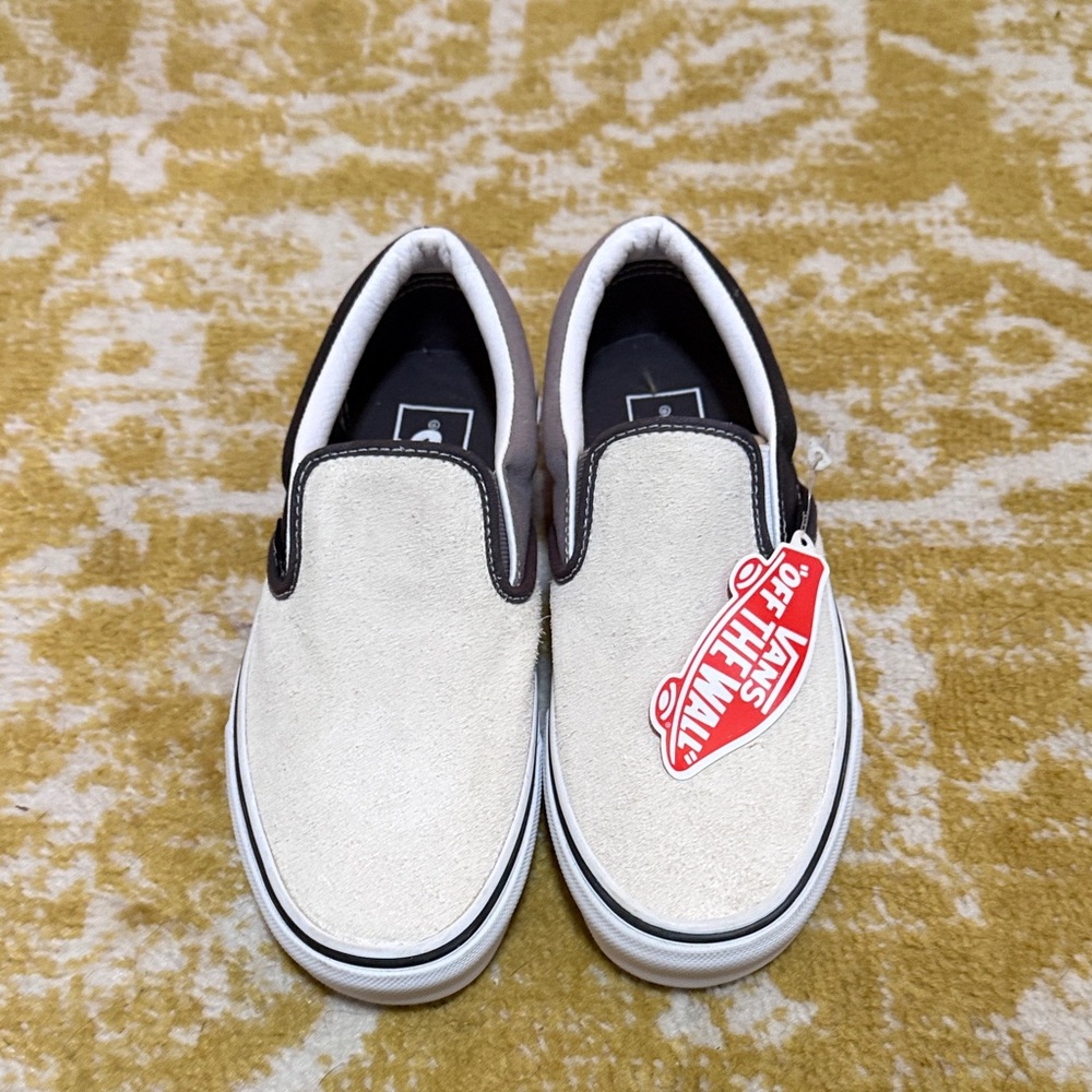 Vans Cream and Black Slip-On Sneakers